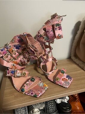 Azalea Wang Pink Floral Embellished Strappy Heels Size 7